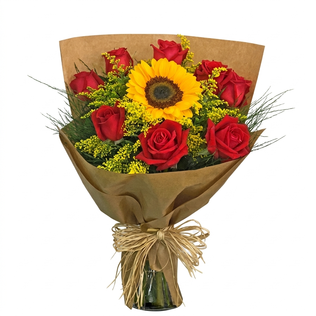Buque com 6 Rosas e 1 Girassol